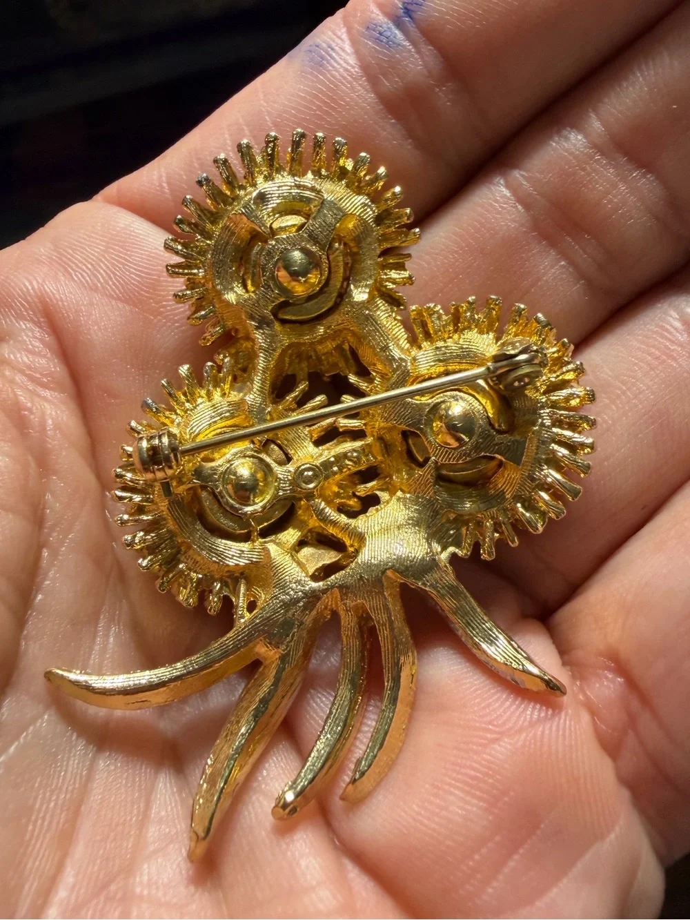 Gold Floral Cluster Brooch with Clear Crystal Accents
